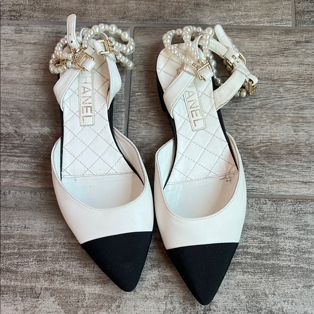 CHANEL Pearl-Strap White and Black Heels